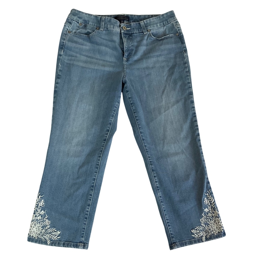 Talbots Cropped Jeans Women 14P Blue Floral Embroidered Simply Flattering Denim - Picture 1 of 8
